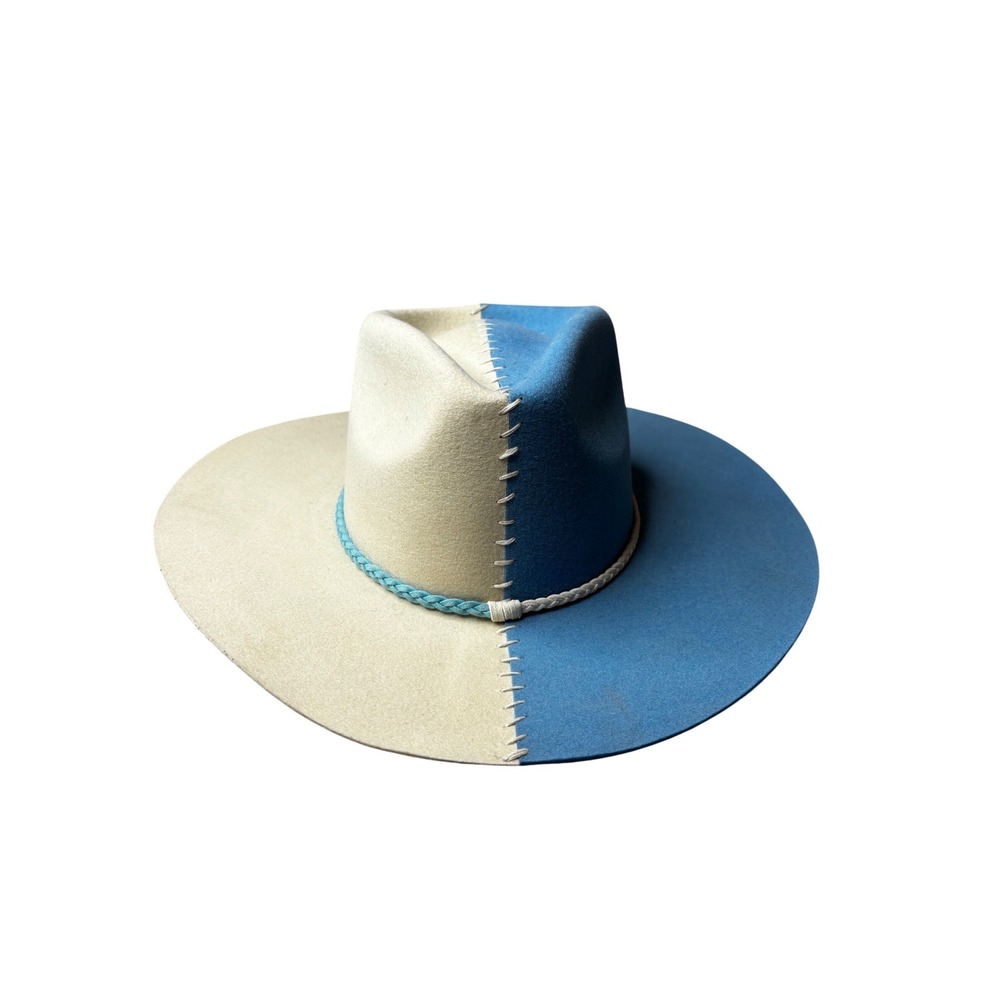 ASN Handmade Two Tone Split Fedora Hat Blue Cream Whipstitch Wide Brim Womens S